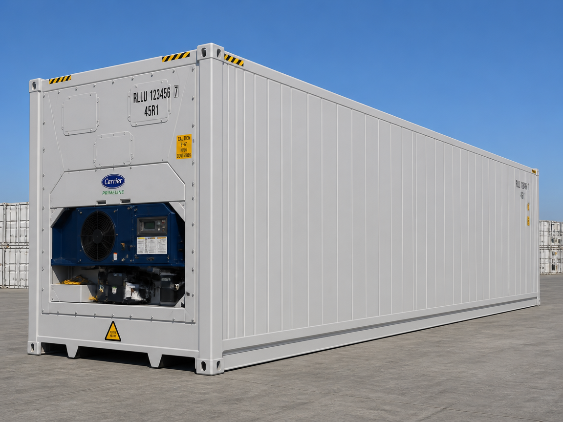 40ft (12m) high cube new reefer container – one trip – light grey