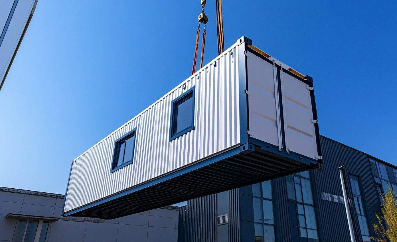 bedkatrin_A_white_shipping_container_with_navy_blue_trim_is_bei_e203bf00-f49c-401d-803a-55728f7c9afc66ebc6b7d5c16
